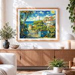Finished van gogh style houses by the sea cross stitch artwork displayed