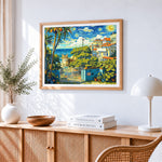 Van gogh style houses by the sea cross stitch artwork displayed on wall as home decor