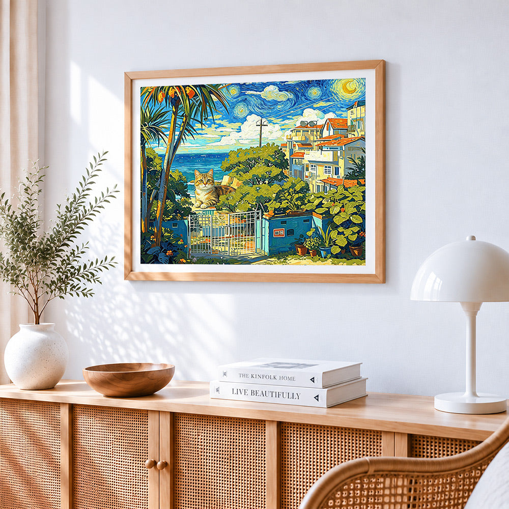 Van gogh style houses by the sea cross stitch artwork displayed on wall as home decor