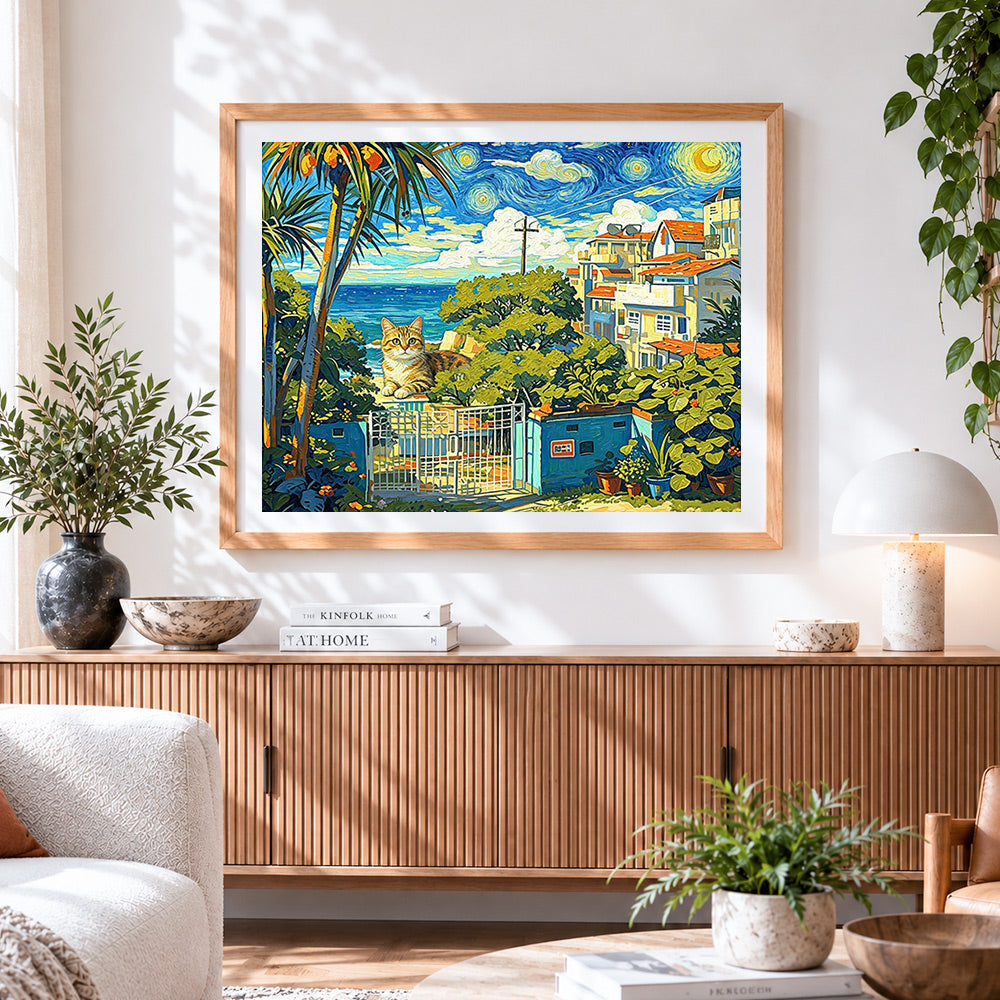 Finished van gogh style houses by the sea paint by numbers artwork displayed as home decor