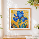 Finished van gogh style impasto blue iris cross stitch artwork displayed