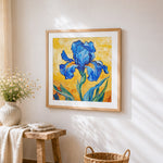 Van gogh style impasto blue iris cross stitch artwork displayed on wall as home decor