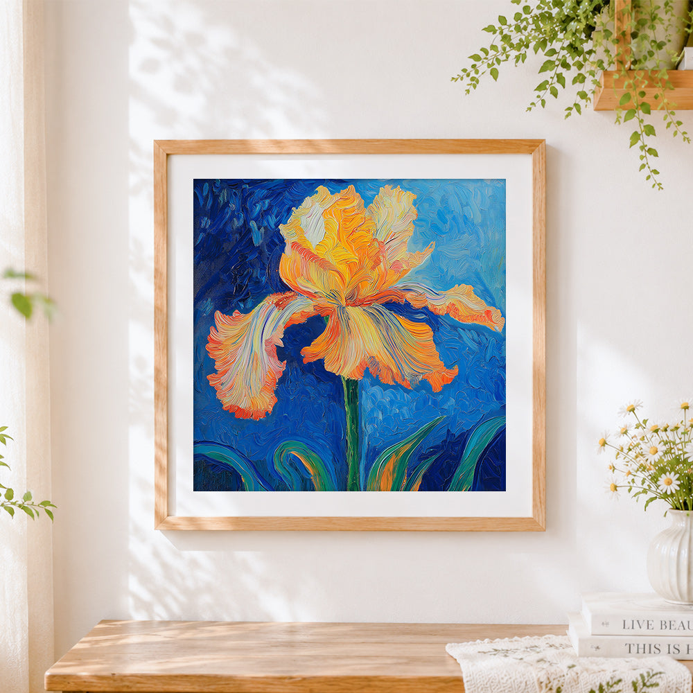 Finished van gogh style impasto orange iris cross stitch artwork displayed