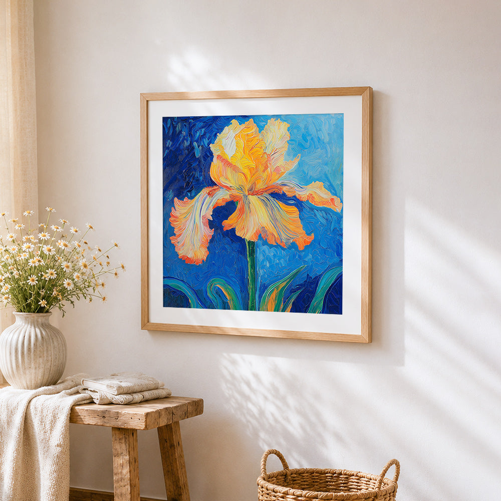 Van gogh style impasto orange iris cross stitch artwork displayed on wall as home decor