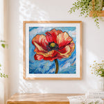 Finished van gogh style impasto red poppy cross stitch artwork displayed