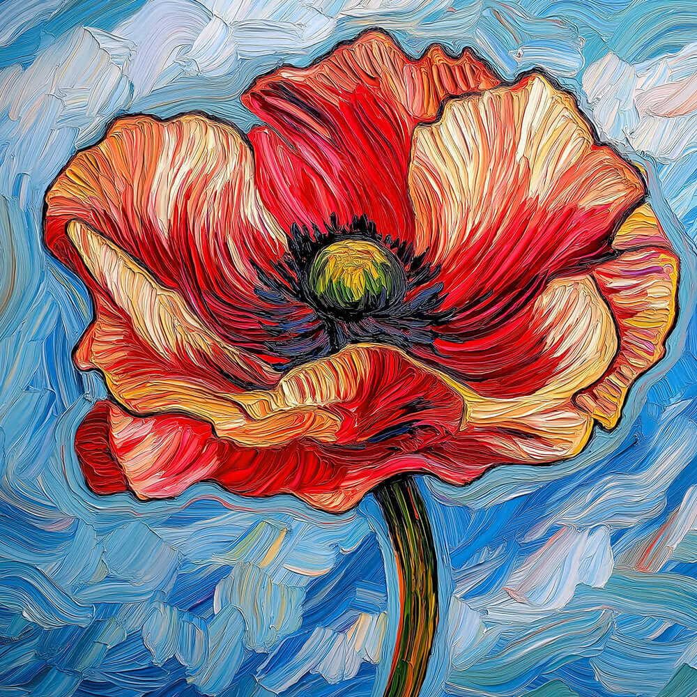 Van gogh style impasto red poppy cross stitch kit for beginners