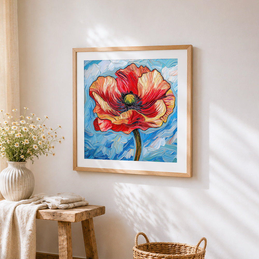 Van gogh style impasto red poppy cross stitch artwork displayed on wall as home decor