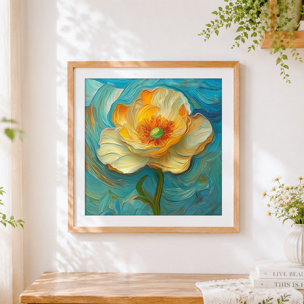 Finished van gogh style impasto yellow poppy cross stitch artwork displayed