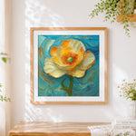 Finished van gogh style impasto yellow poppy cross stitch artwork displayed