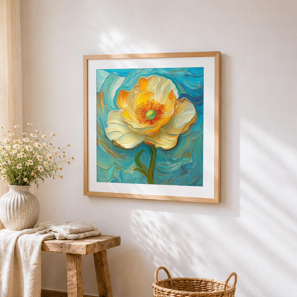 Van gogh style impasto yellow poppy cross stitch artwork displayed on wall as home decor