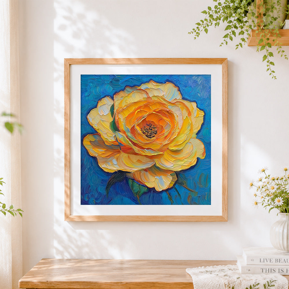 Finished van gogh style impasto yellow rose cross stitch artwork displayed
