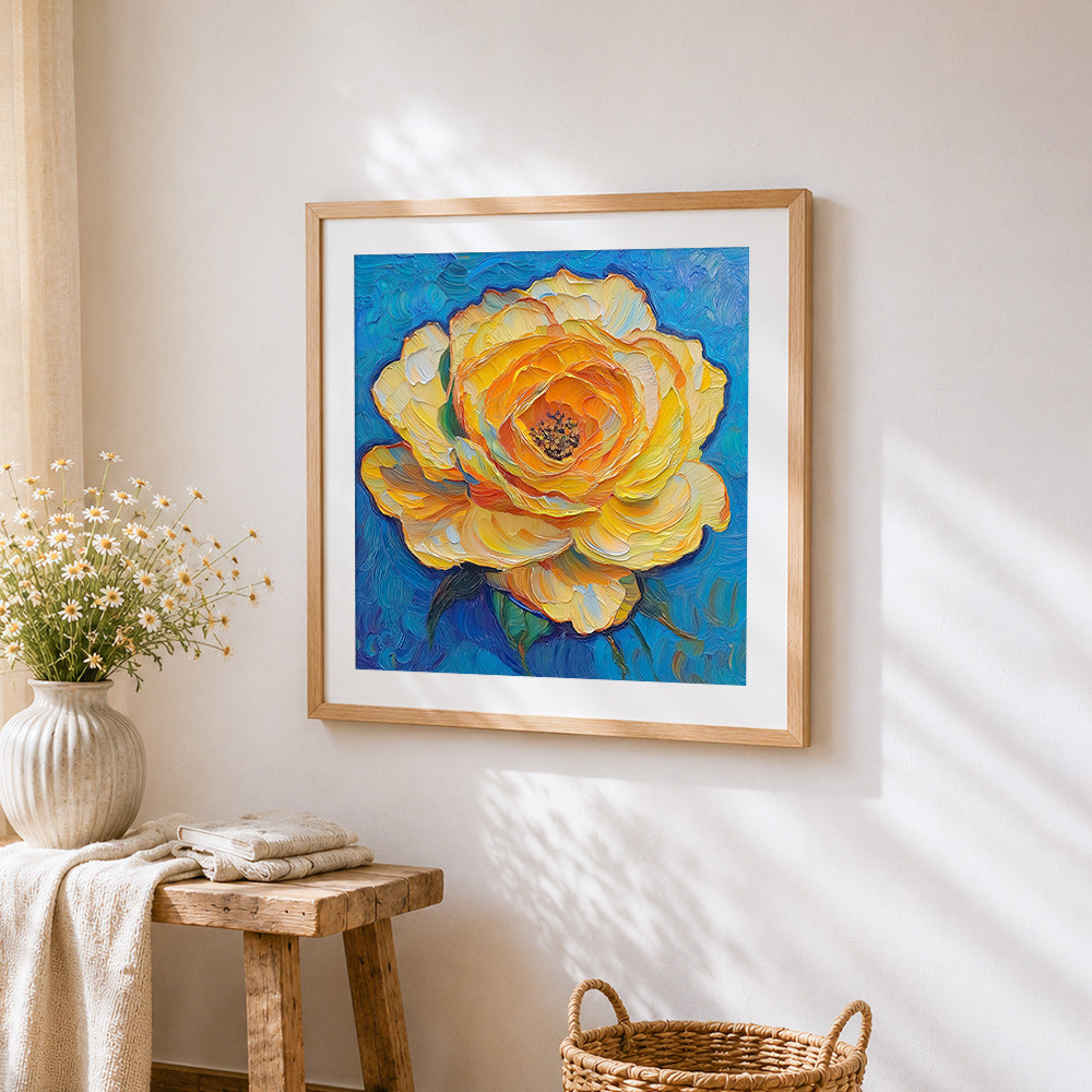 Van gogh style impasto yellow rose cross stitch artwork displayed on wall as home decor