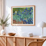 Van gogh style irises field cross stitch artwork displayed on wall as home decor