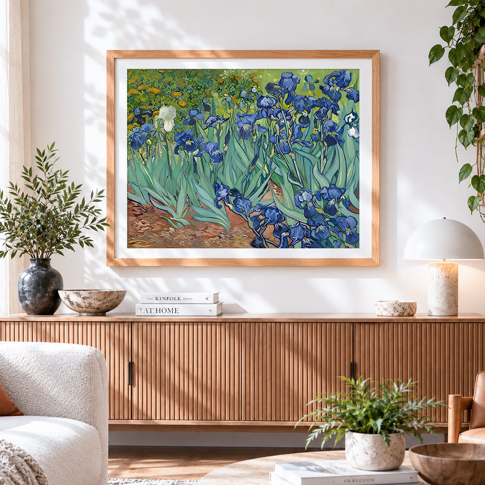 Finished van gogh style irises field paint by numbers artwork displayed as home decor