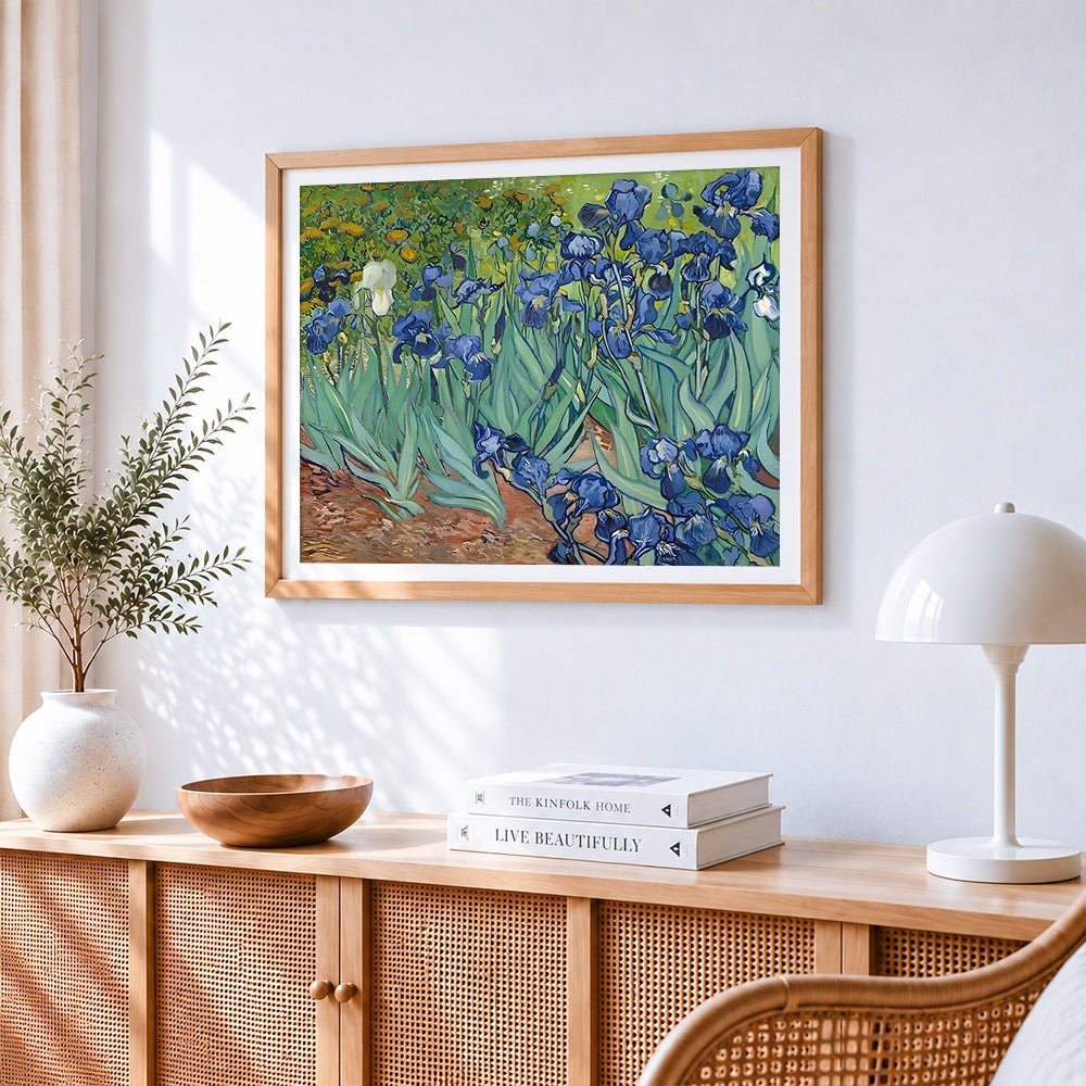 Van gogh style irises field paint by numbers artwork displayed on wall as home decor