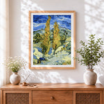 Finished van gogh style landscape cross stitch artwork displayed