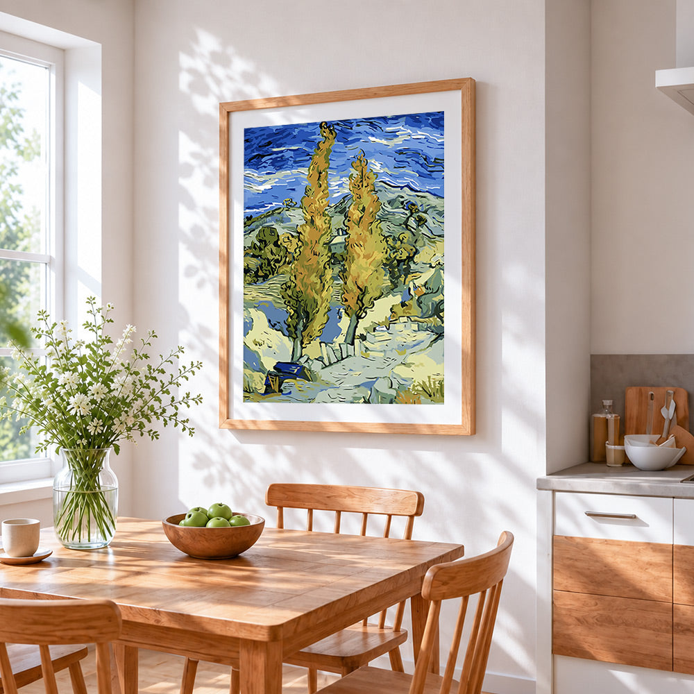 Van gogh style landscape cross stitch artwork displayed on wall as home decor