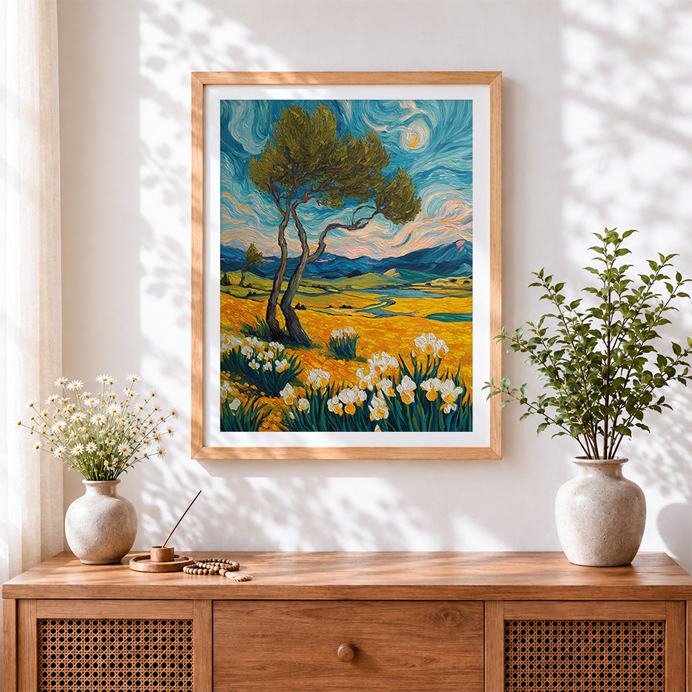 Finished van gogh style landscape with irises cross stitch artwork displayed