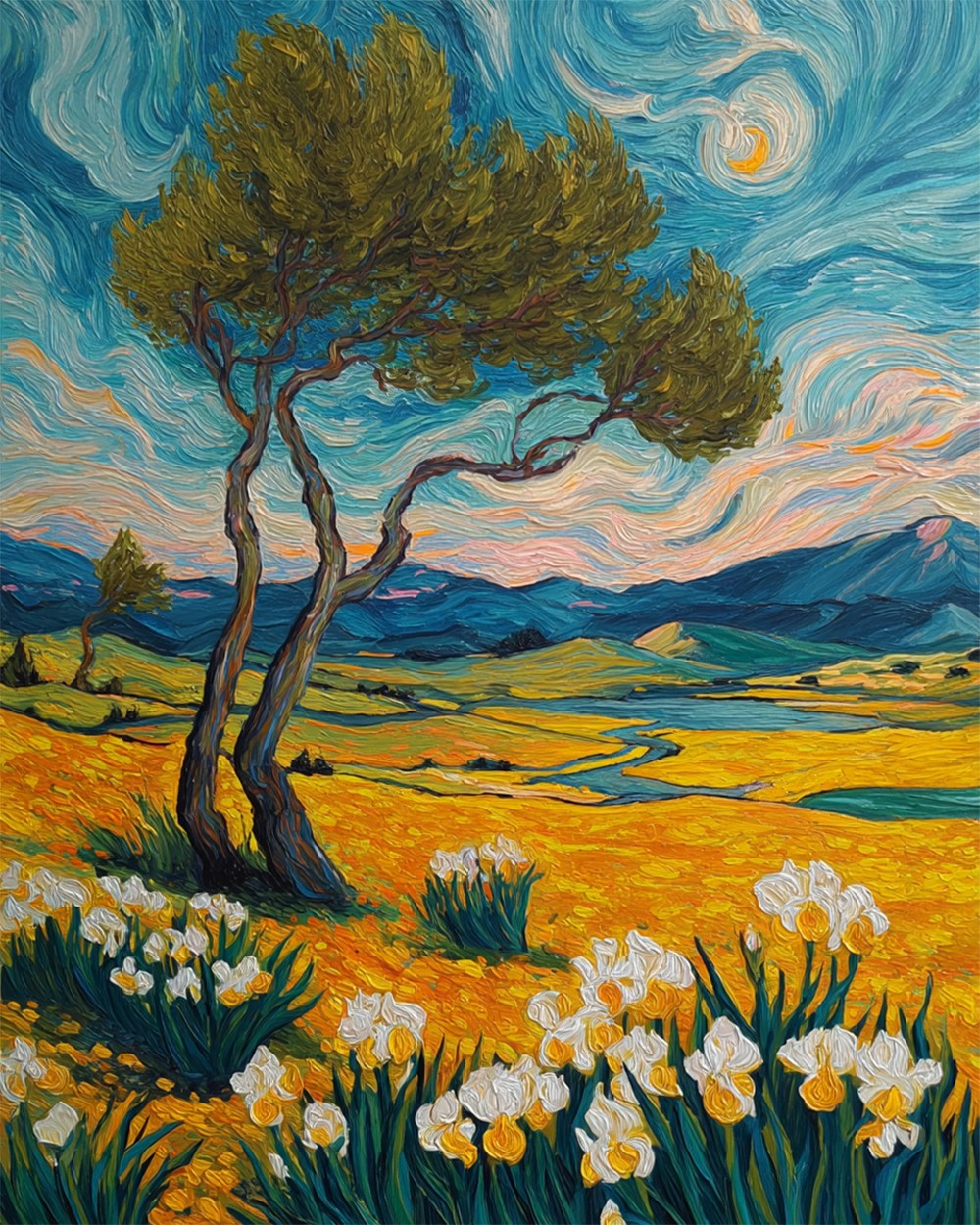 Van gogh style landscape with irises cross stitch kit for beginners