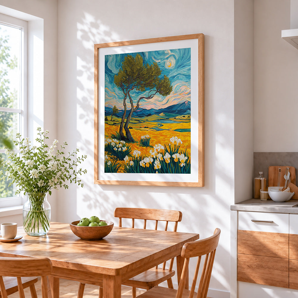 Van gogh style landscape with irises cross stitch artwork displayed on wall as home decor