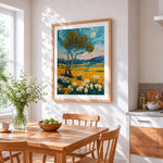 Van gogh style landscape with irises cross stitch artwork displayed on wall as home decor