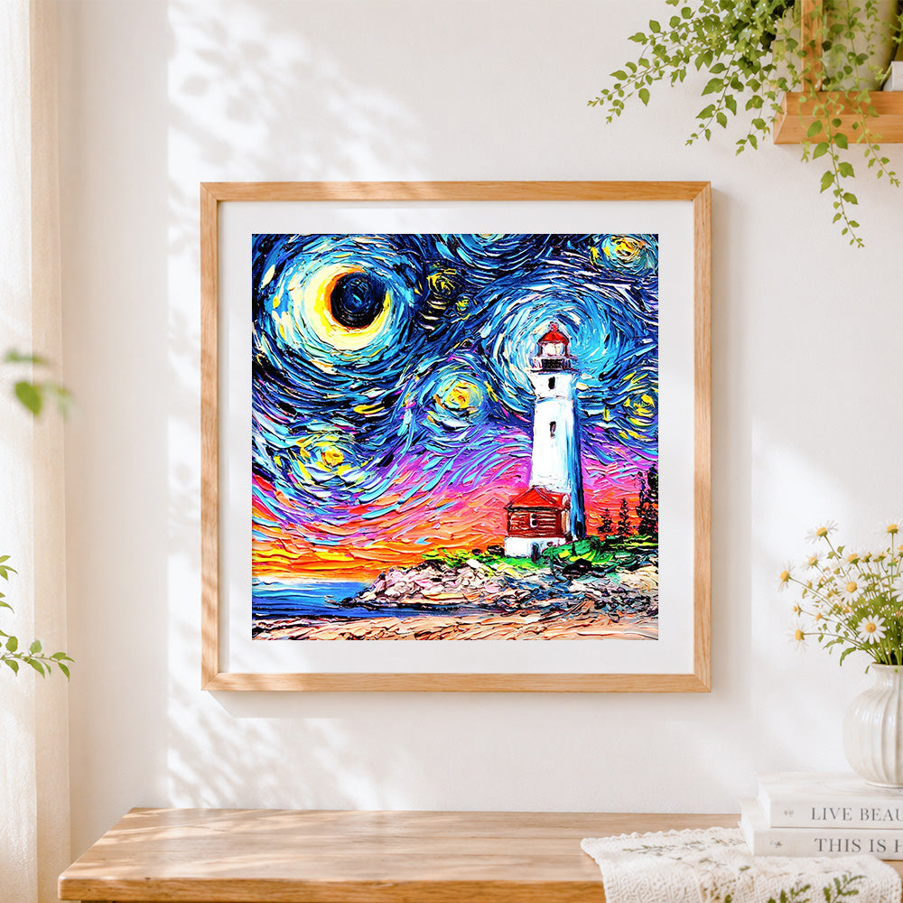 Finished van gogh style lighthouse under starry night cross stitch artwork displayed