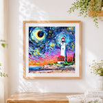 Finished van gogh style lighthouse under starry night paint by numbers artwork displayed as home decor
