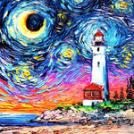 Van gogh style lighthouse under starry night paint by numbers kit for beginners