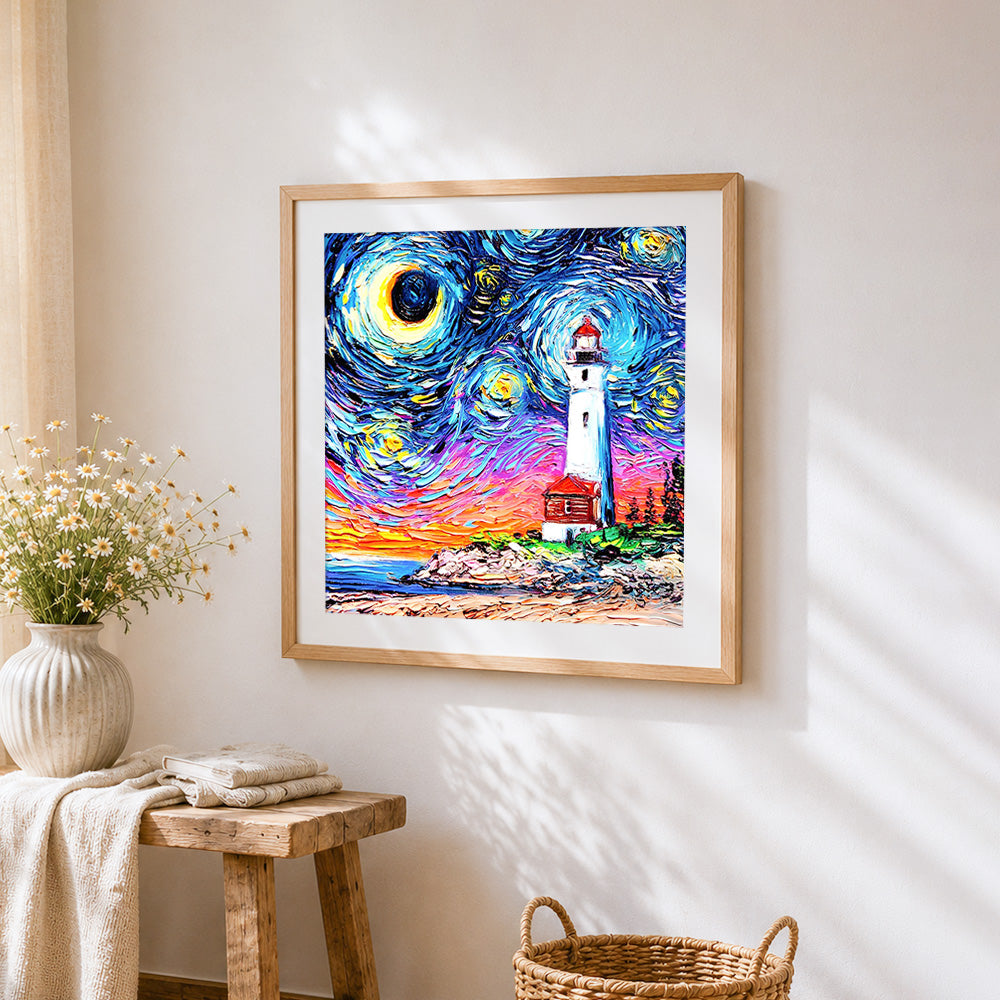 Van gogh style lighthouse under starry night paint by numbers artwork displayed on wall as home decor