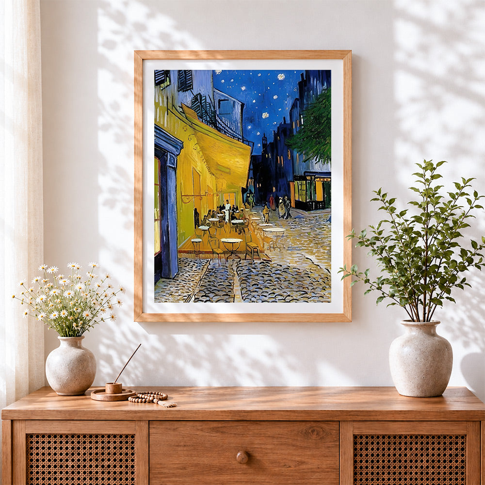 Finished van gogh style night cafe cross stitch artwork displayed