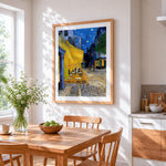 Van gogh style night cafe cross stitch artwork displayed on wall as home decor
