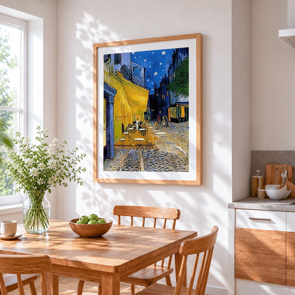 Van gogh style night cafe cross stitch artwork displayed on wall as home decor