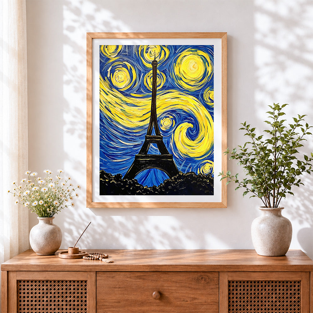 Finished van gogh style paris cross stitch artwork displayed