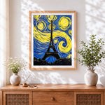 Finished van gogh style paris cross stitch artwork displayed