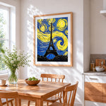 Van gogh style paris cross stitch artwork displayed on wall as home decor