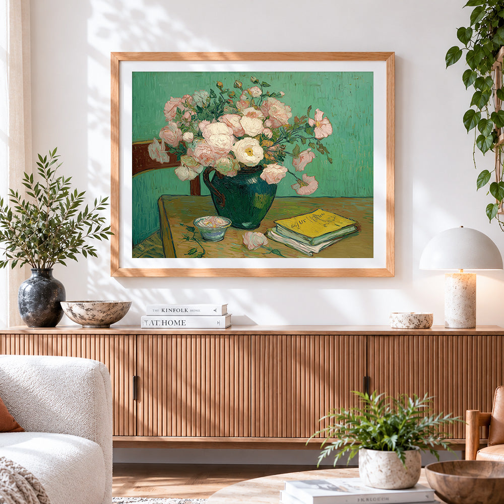 Finished van gogh style pink roses in green jug paint by numbers artwork displayed as home decor