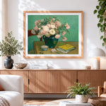 Finished van gogh style pink roses in green jug paint by numbers artwork displayed as home decor