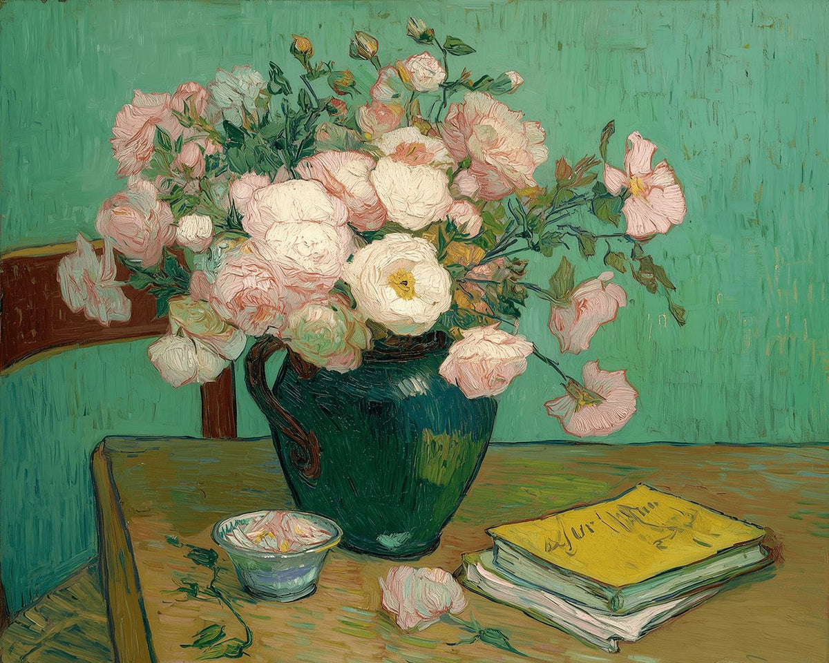 Van gogh style pink roses in green jug paint by numbers kit for beginners