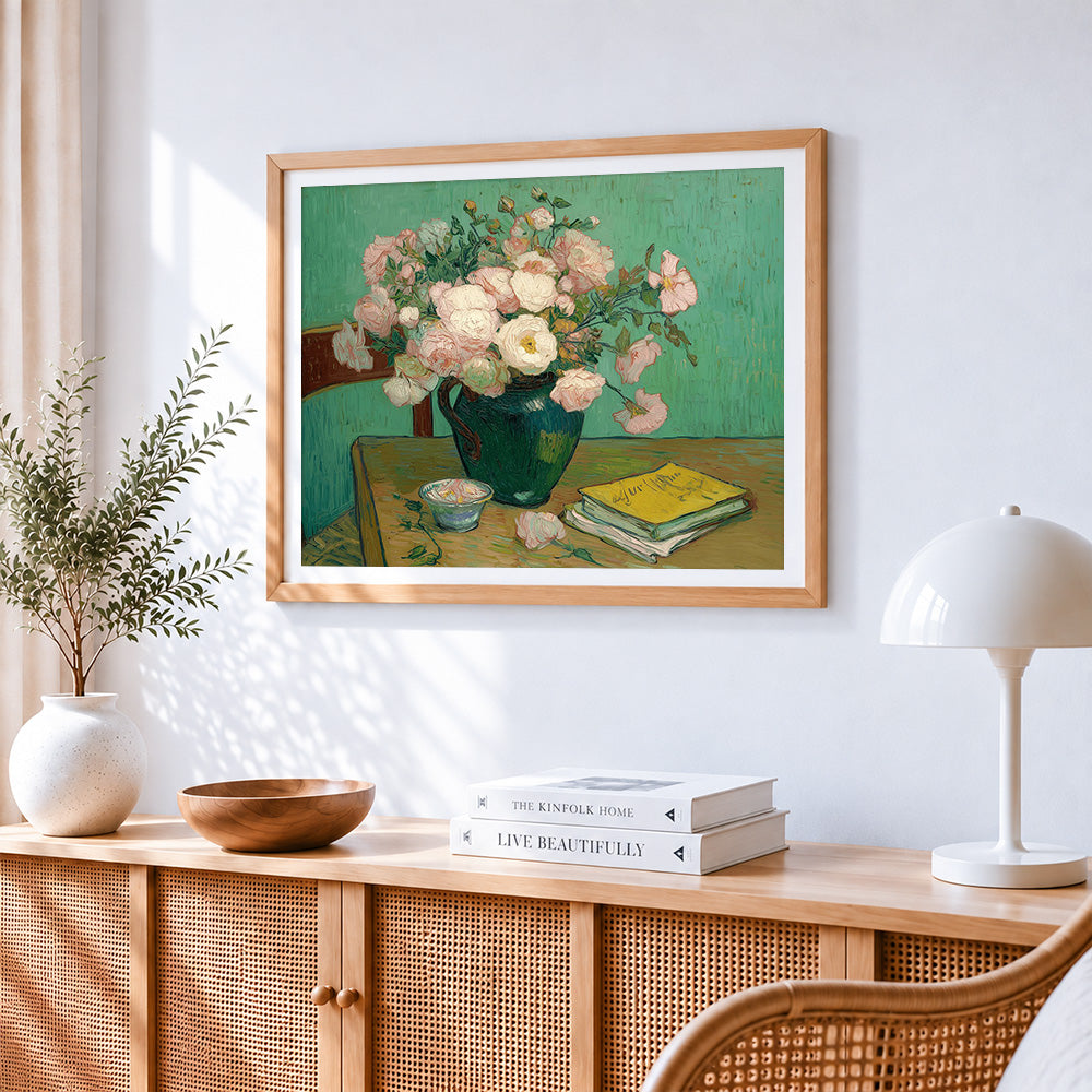 Van gogh style pink roses in green jug paint by numbers artwork displayed on wall as home decor