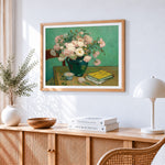 Van gogh style pink roses in green jug paint by numbers artwork displayed on wall as home decor