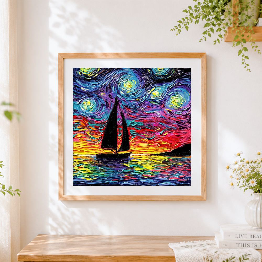 Finished van gogh style sailboat at sunset cross stitch artwork displayed