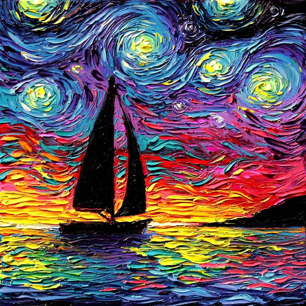 Van gogh style sailboat at sunset cross stitch kit for beginners