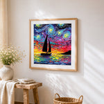 Van gogh style sailboat at sunset cross stitch artwork displayed on wall as home decor