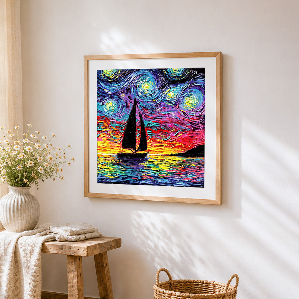 Van gogh style sailboat at sunset paint by numbers artwork displayed on wall as home decor