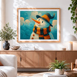 Finished van gogh style snowman cross stitch artwork displayed
