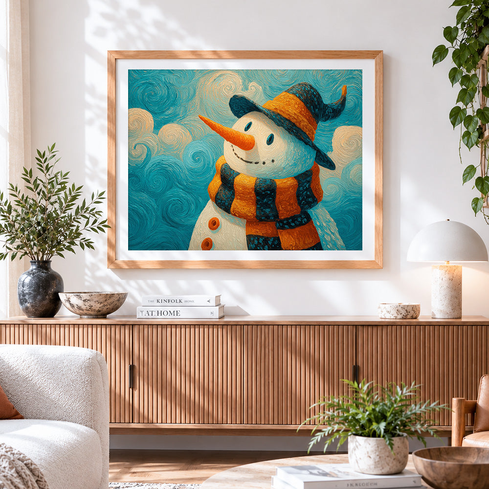 Finished van gogh style snowman cross stitch artwork displayed