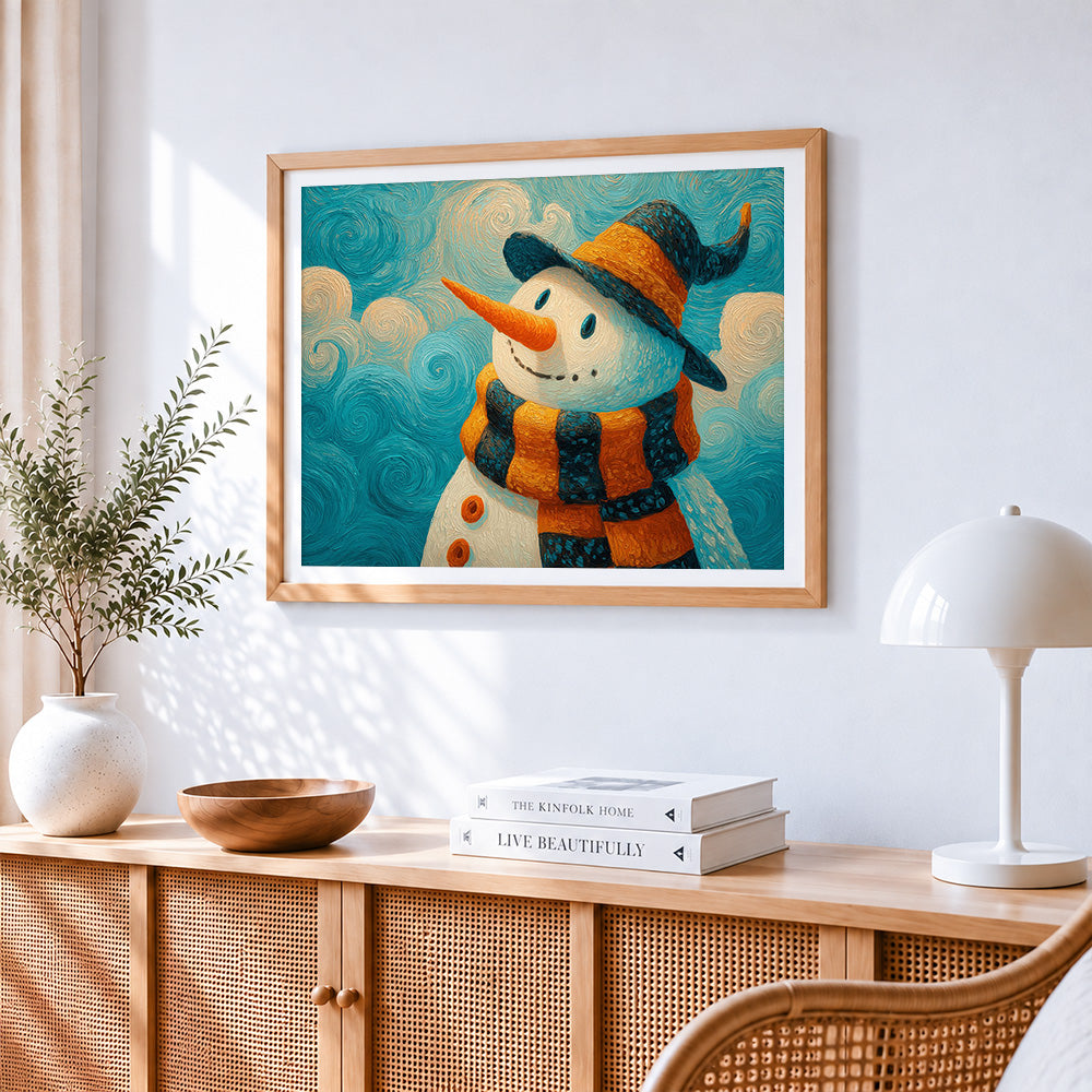 Van gogh style snowman paint by numbers artwork displayed on wall as home decor
