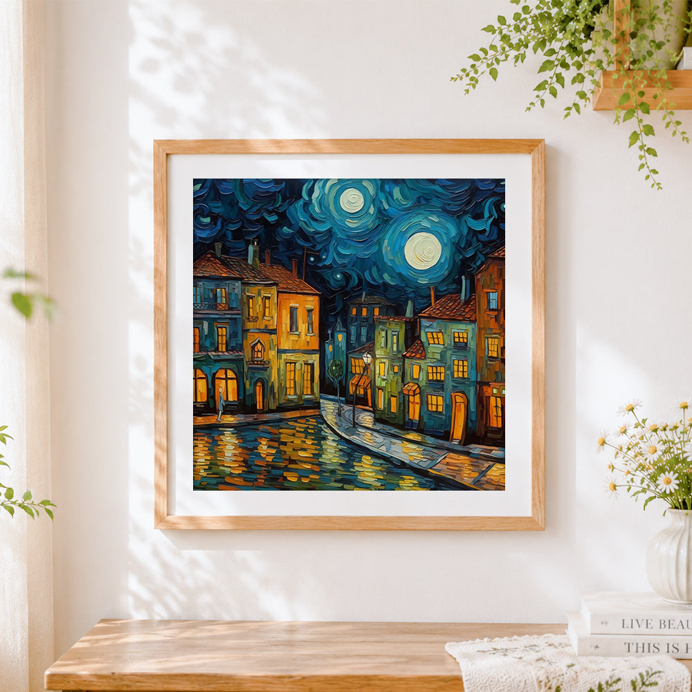 Finished van gogh style starry night city cross stitch artwork displayed