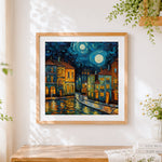 Finished van gogh style starry night city cross stitch artwork displayed