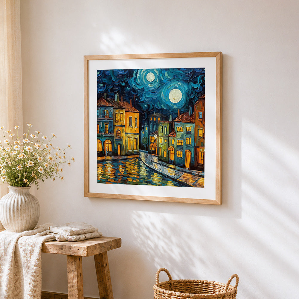 Van gogh style starry night city cross stitch artwork displayed on wall as home decor
